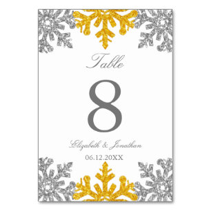 Silver Gold Snowflake Winter Wedding Tischnummer