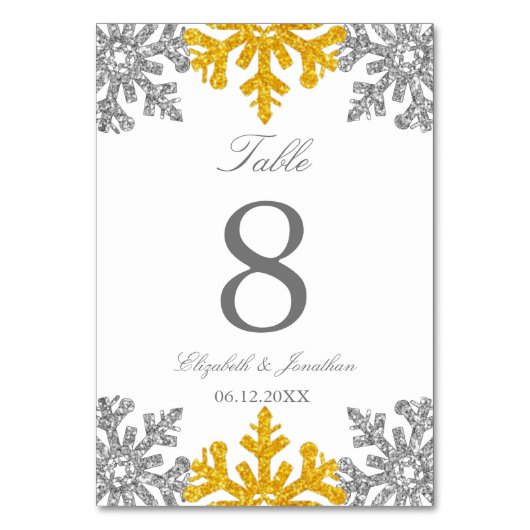 Silver Gold Snowflake Winter Wedding Tischnummer (Vorderseite)