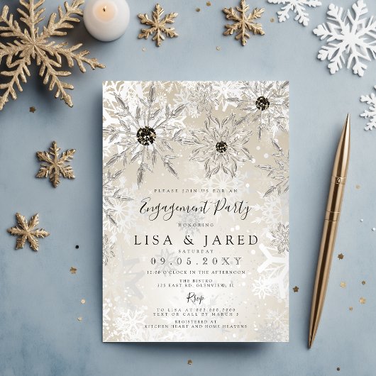 Silver Gold Snowflakes Winter Engagement Party Einladung