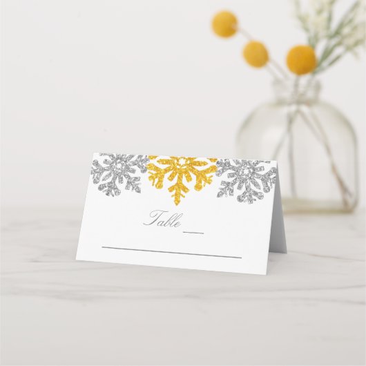 Silver Gold Snowflakes Winterhochzeit Platzkarte (Vorderseite)