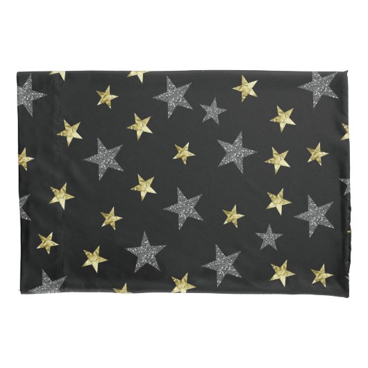Silver & Gold Stars Black Hollywood Star Glam Kissenbezug (Vorderseite)