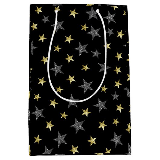 Silver & Gold Stars Black Hollywood Star Party Mittlere Geschenktüte (Vorderseite)