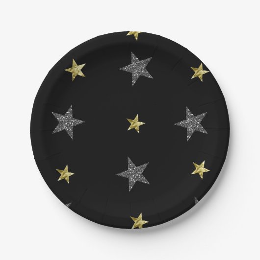 Silver & Gold Stars Black Hollywood Star Party Pappteller (Vorderseite)