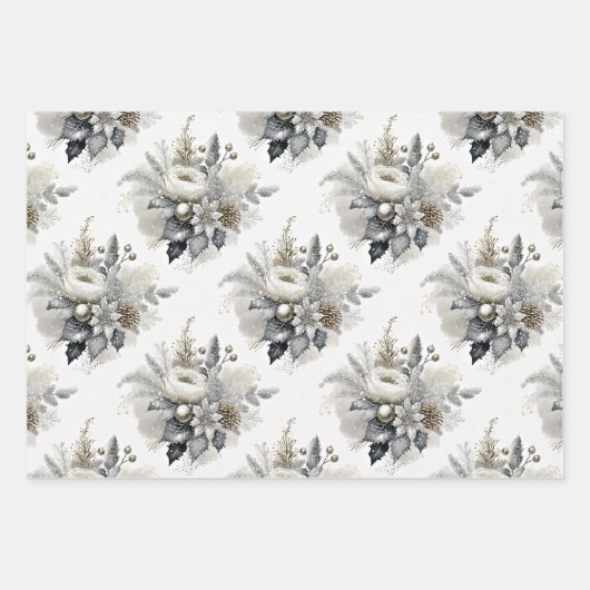 Silver & Gold Tone Christmas Florals Geschenkpapier Set (Vorderseite 2)