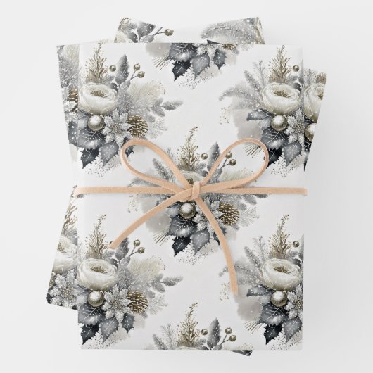 Silver & Gold Tone Christmas Florals Geschenkpapier Set (Beispiel)