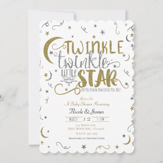 Silver & Gold Twinkle Little Star Baby Dusche Einladung (Vorderseite)