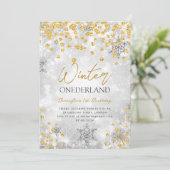 Silver Gold Winter ONEDERLAND Sparkle 1. Geburtsta Einladung (Stehend Vorderseite)