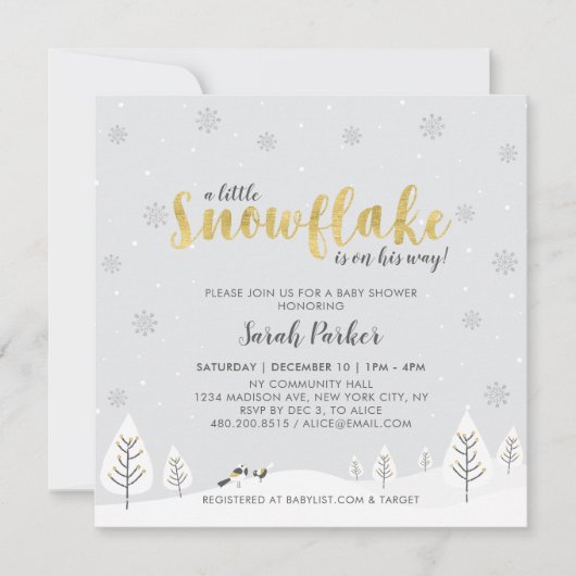 Silver & Gold Winter Wonderland Boy Baby Dusche Einladung (Vorderseite)
