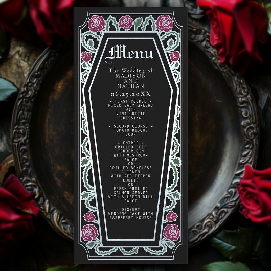 Silver Gothic Coffin Rose Black Wedding Menu Menükarte