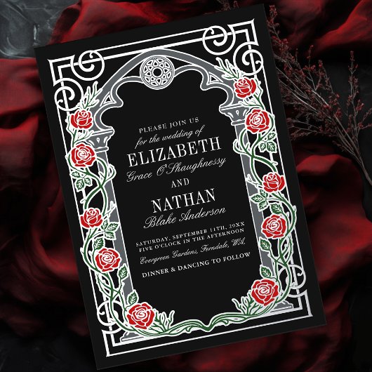Silver Gothic Roses Cathedral Frame Wedding  Folieneinladung