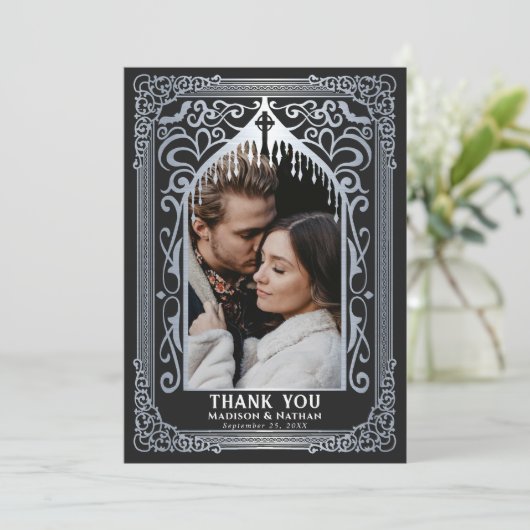 Silver Gothic Vampire Cathedral Photo Wedding Dankeskarte (Stehend Vorderseite)