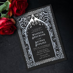 Silver Gothic Vampire Cathedral Wedding Einladung<br><div class="desc">Das elegante und gotische Design lädt Ihre Hochzeitsgäste ein. Ideal für eine gotische oder Halloween-Hochzeit. Matching Items in unserem Shop für ein komplettes Party Thema. Bitte beachten Sie,  dass das Silber auf den Tags KEINE echte Folie ist und in flachen Farben gedruckt wird</div>