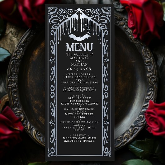 Silver Gothic Vampire Cathedral Wedding Menu Menükarte