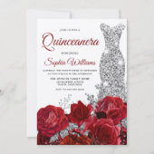 Silver Gown Rote Rosen Shimmer Quinceanera Party Einladung (Vorderseite)