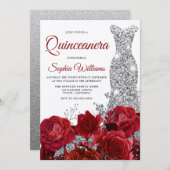 Silver Gown Rote Rosen Shimmer Quinceanera Party Einladung (Vorne/Hinten)