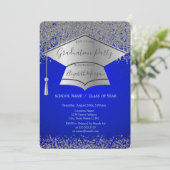 Silver Grad Cap,Diamonds Blue Graduation Party Einladung (Stehend Vorderseite)