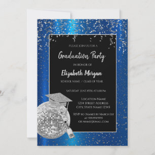 Silver Grad Cap, Disco Ball Confetti, Wine Blue Einladung