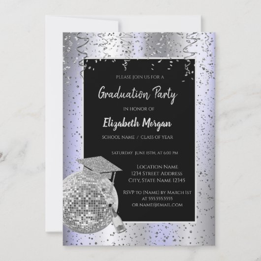 Silver Grad Cap, Disco Ball Confetti, Wine Lavande Einladung (Vorderseite)