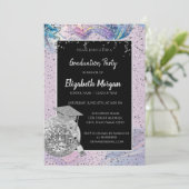 Silver Grad Cap, Disco Ball, Wine Violet Abstrakt Einladung (Stehend Vorderseite)
