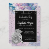 Silver Grad Cap, Disco Ball, Wine Violet Abstrakt Einladung (Vorne/Hinten)