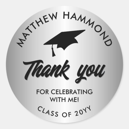 Silver Graduating Class Thank You Grad Cap Runder Aufkleber (Vorderseite)
