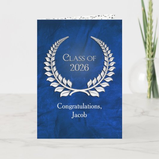 Silver Graduation 2026 Laurel Wreath On Blue Karte (Vorderseite)