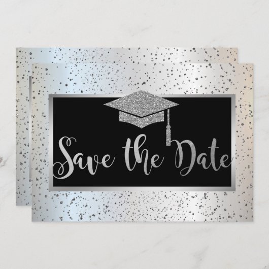 Silver Graduation Cap, Confetti Save the Date (Vorne/Hinten)