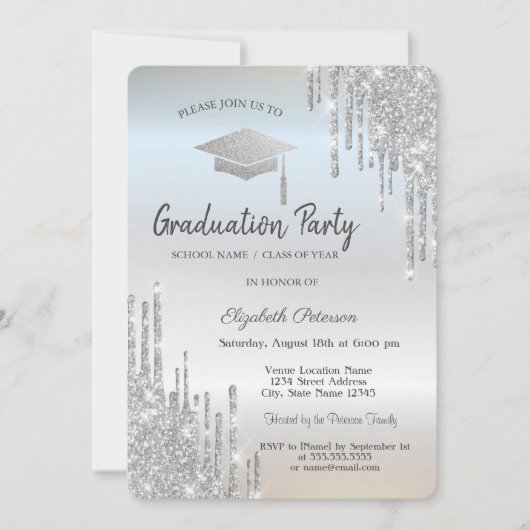 Silver Graduation Cap Glitzer Tropfen Einladung (Vorderseite)