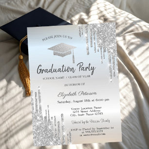 Silver Graduation Cap Glitzer Tropfen Einladung