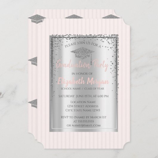 Silver Graduation Cap Striping Abschluss Einladung (Vorne/Hinten)