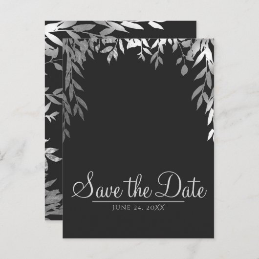 Silver & Grau Moderner Glam Botanisch Save the Dat Ankündigungspostkarte (Vorne/Hinten)