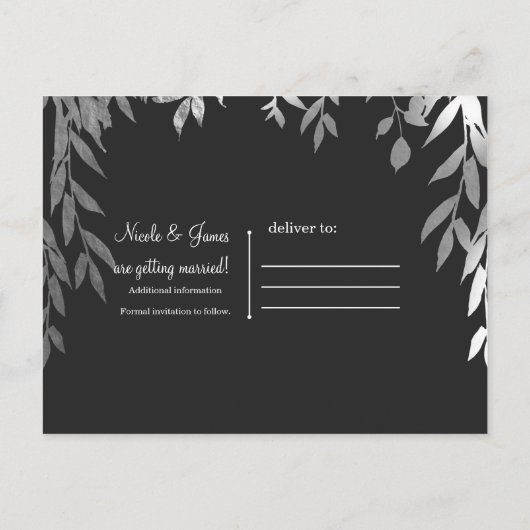 Silver & Grau Moderner Glam Botanisch Save the Dat Ankündigungspostkarte (Rückseite)