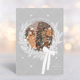 Silver Grau & White Weihnachtskranz Foto Feiertagskarte