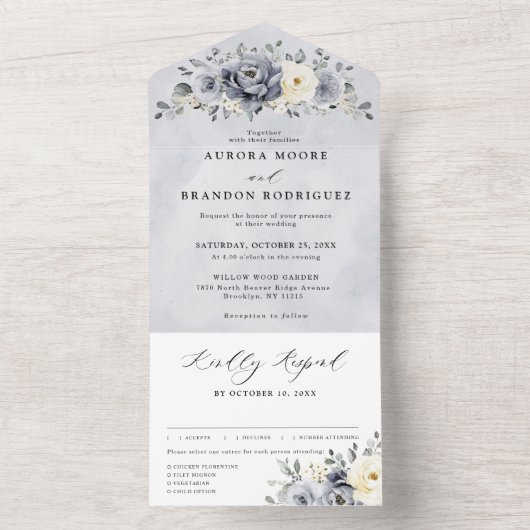 Silver Graue Elfenbeinblume Winter Rustikale Hochz All In One Einladung (Innen Boden)