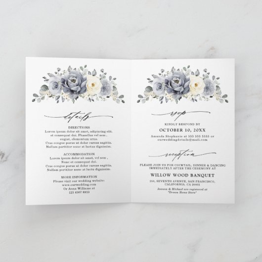 Silver Graue Elfenbeinblume Winter Rustikale Hochz Einladung (Innenseite)