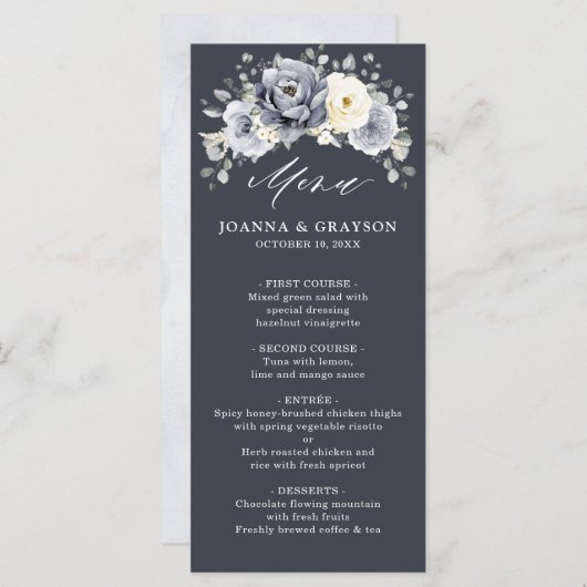 Silver Graue Elfenbeinblume Winter Rustikale Hochz Menükarte (Vorne/Hinten)