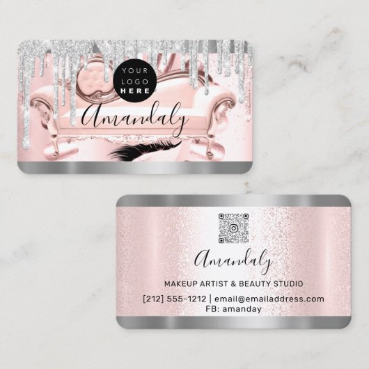 Silver Graue Glitzer Tropfen Frame Qr Code Logo WE Visitenkarte (Vorne/Hinten)