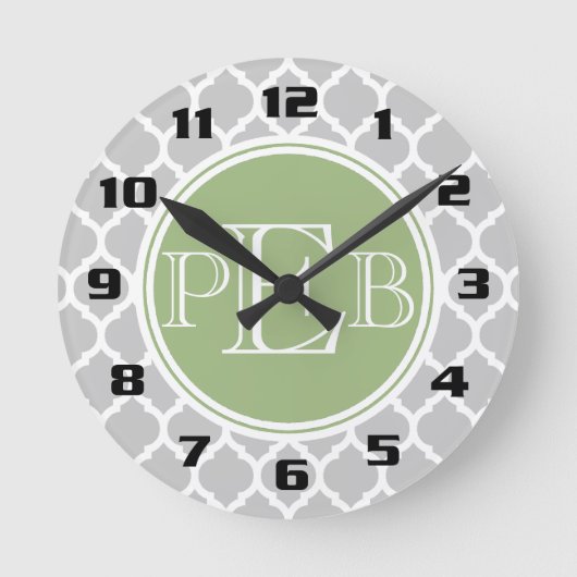 Silver Graue Quarz Sage Green Monogram Runde Wanduhr (Vorderseite)