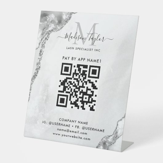 Silver Gray Agate Monogram Scan to Pay QR Code Sockelschild (Vorderseite)