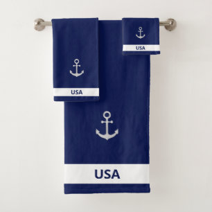 Silver Gray Anchor on Navy Blue & White Badhandtuch Set