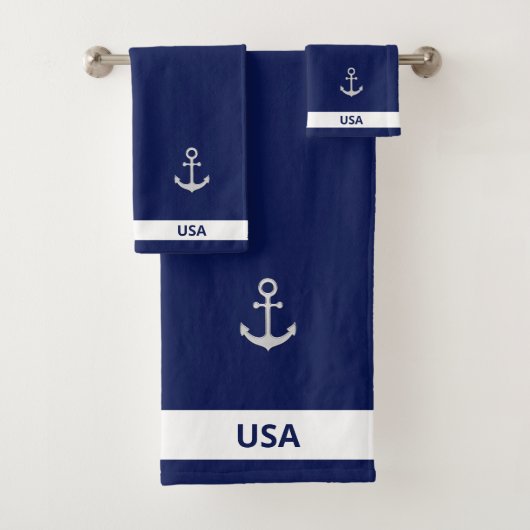 Silver Gray Anchor on Navy Blue & White Badhandtuch Set (Insitu)