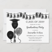 Silver Gray Balloons Grad Hat Graduation Party Einladung (Vorderseite)