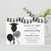 Silver Gray Balloons Grad Hat Graduation Party Einladung (Stehend Vorderseite)