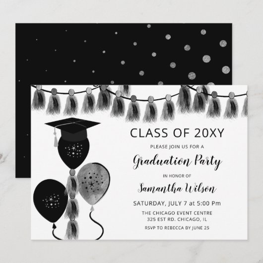 Silver Gray Balloons Grad Hat Graduation Party Einladung (Vorne/Hinten)