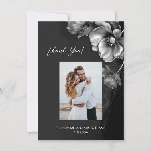 Silver Gray Black Floral Wedding Thank You Dankeskarte (Vorderseite)