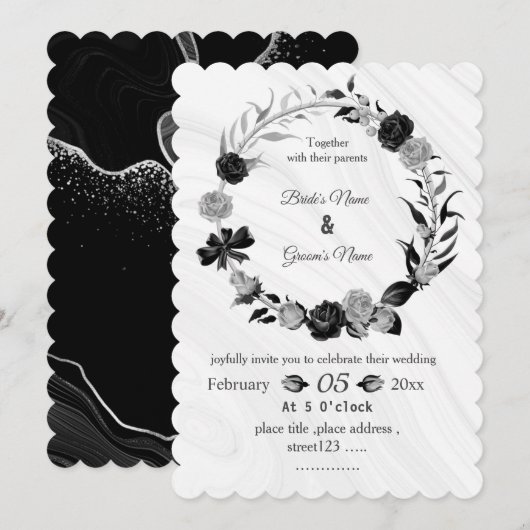 silver gray & black floral wreath wedding einladung (Vorne/Hinten)