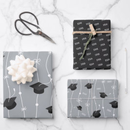 Silver Gray & Black Graduation Cap Toss Geschenkpapier Set