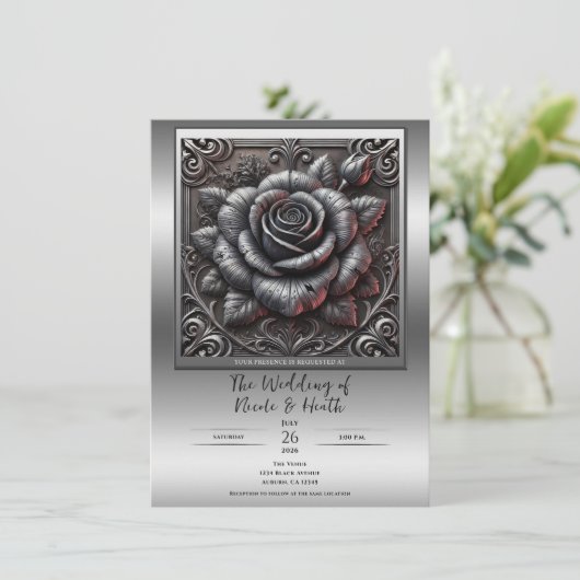 Silver Gray & Black Rose Elegante Gotische Hochzei Einladung (Stehend Vorderseite)