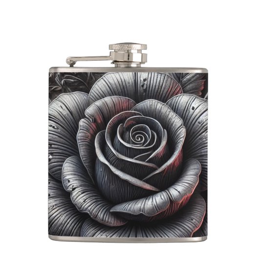 Silver Gray & Black Rose Elegante Gotische Hochzei Flachmann (Vorderseite)