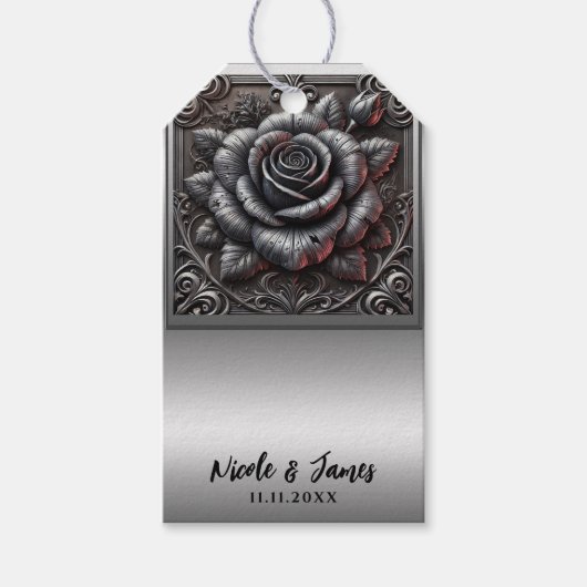 Silver Gray & Black Rose Elegante Gotische Hochzei Geschenkanhänger (Vorderseite)